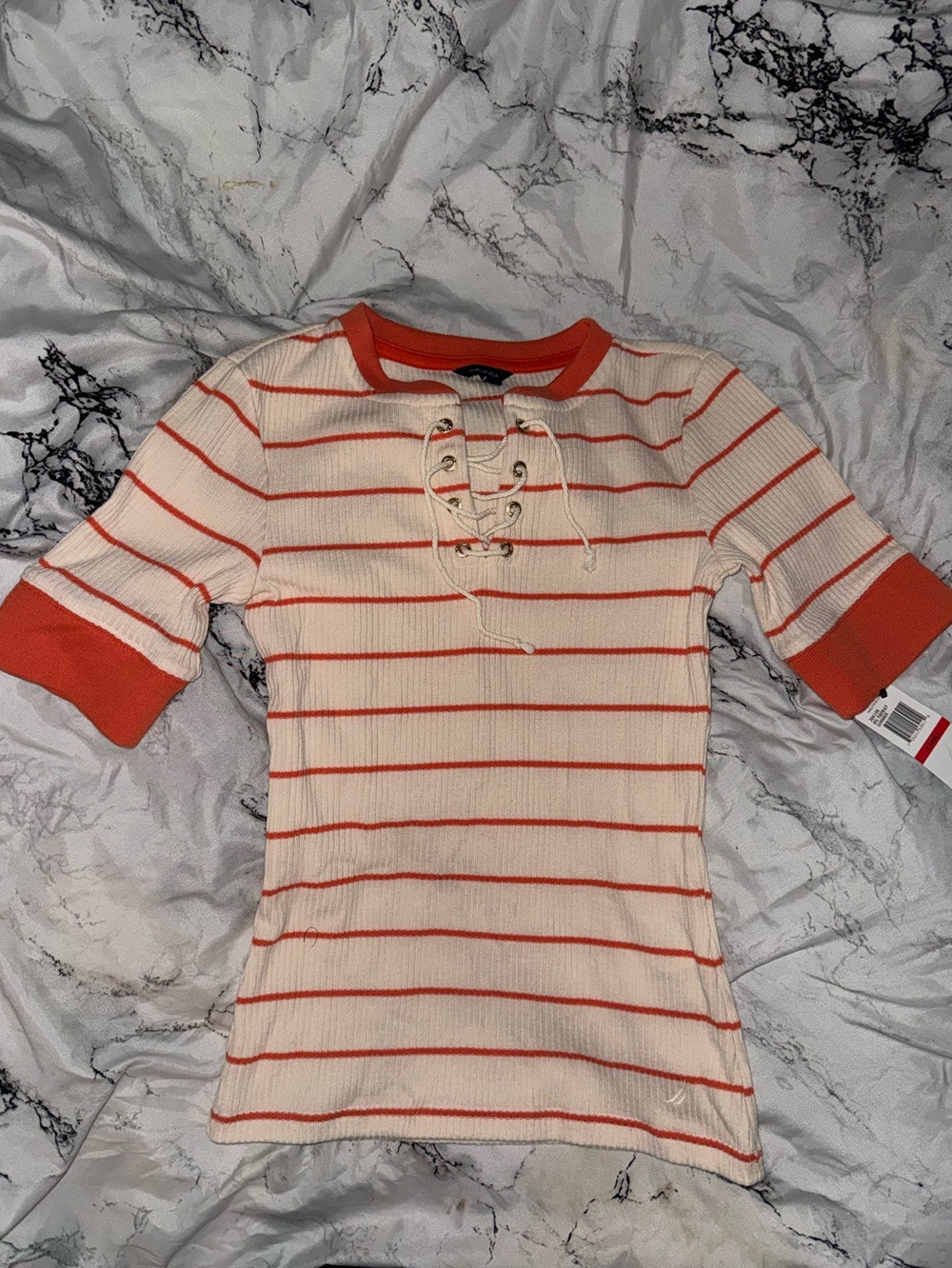 Nautica Cream Ribbed Tee with Orange Stripes & Lace-Up Neck